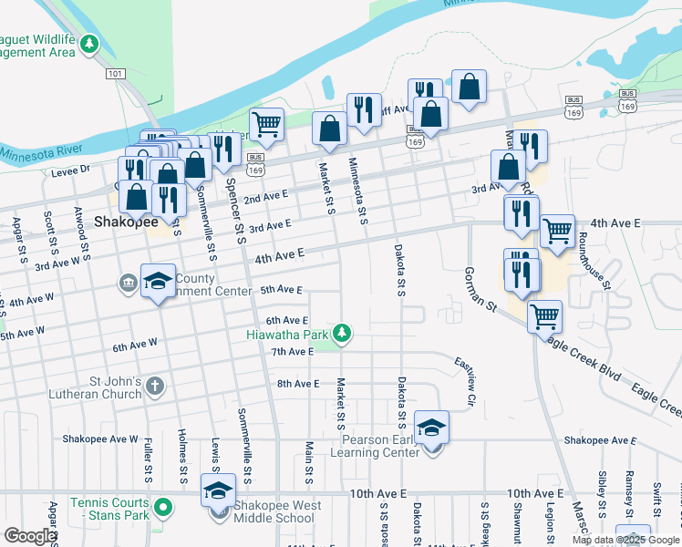 map of restaurants, bars, coffee shops, grocery stores, and more near 549 Market Street South in Shakopee