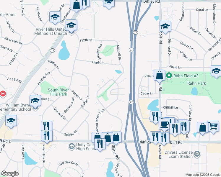 map of restaurants, bars, coffee shops, grocery stores, and more near 4419 Cinnamon Ridge Circle in Eagan