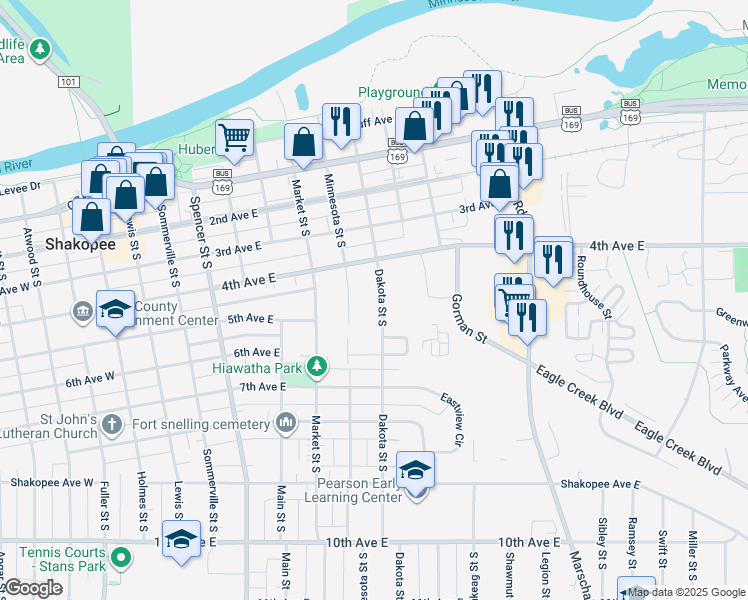 map of restaurants, bars, coffee shops, grocery stores, and more near 438 Dakota Street South in Shakopee