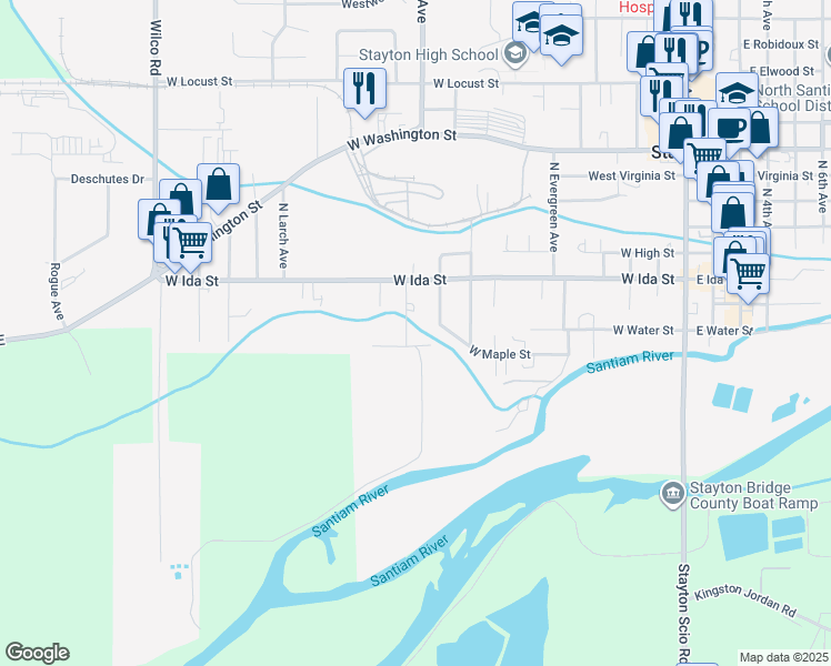 map of restaurants, bars, coffee shops, grocery stores, and more near 150 N Holly Ave in Stayton