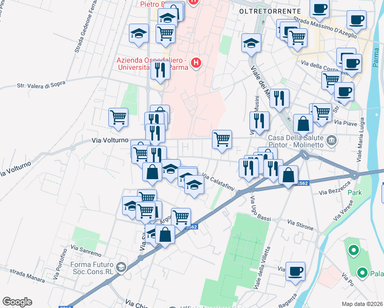 map of restaurants, bars, coffee shops, grocery stores, and more near 7 Via Bruno Ferrari in Parma