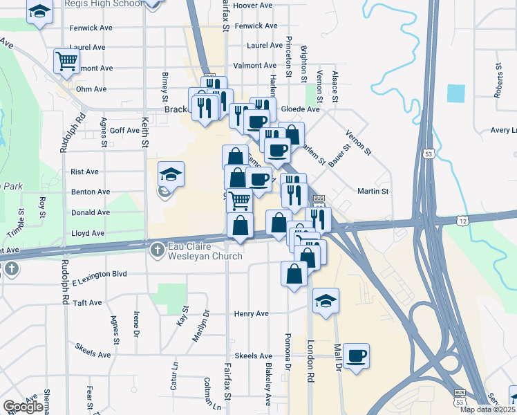 map of restaurants, bars, coffee shops, grocery stores, and more near 2424 East Clairemont Avenue in Eau Claire