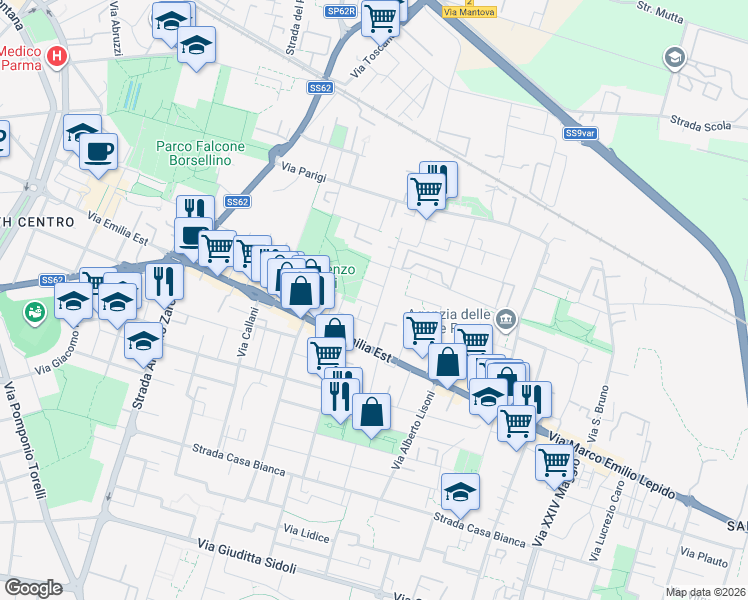 map of restaurants, bars, coffee shops, grocery stores, and more near 10/12 Via Scarabelli Zunti in Parma