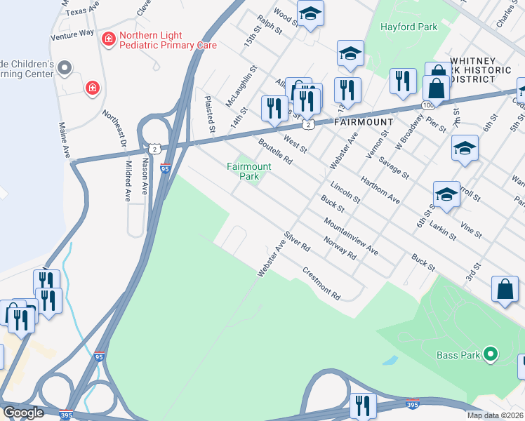 map of restaurants, bars, coffee shops, grocery stores, and more near 146 Silver Road in Bangor