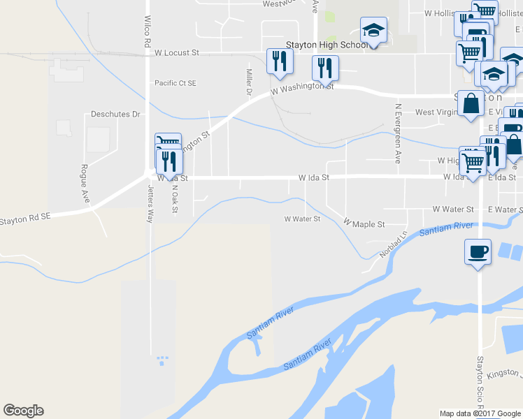 map of restaurants, bars, coffee shops, grocery stores, and more near 1300 West Ida Street in Stayton