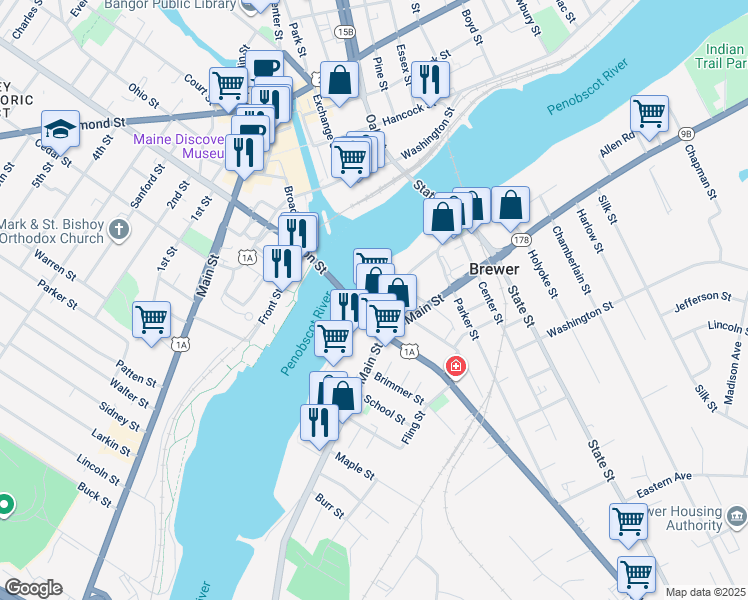 map of restaurants, bars, coffee shops, grocery stores, and more near 1 Union Street in Brewer