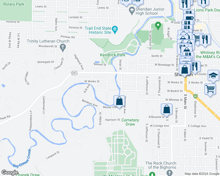 map of restaurants, bars, coffee shops, grocery stores, and more near 729 W Burkitt St in Sheridan