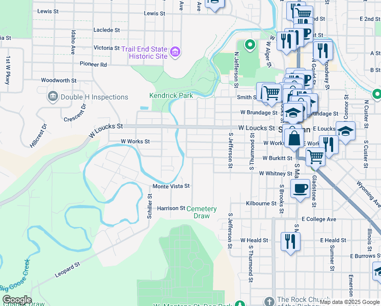 map of restaurants, bars, coffee shops, grocery stores, and more near 135 Griffith Avenue in Sheridan