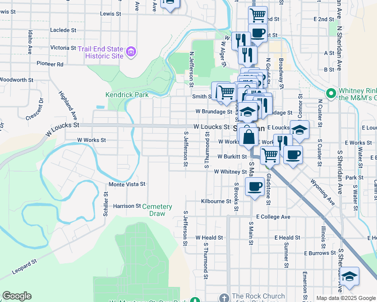map of restaurants, bars, coffee shops, grocery stores, and more near 132 South Jefferson Street in Sheridan