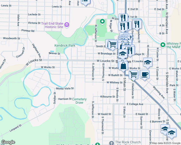 map of restaurants, bars, coffee shops, grocery stores, and more near 132 South Jefferson Street in Sheridan