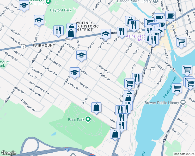 map of restaurants, bars, coffee shops, grocery stores, and more near 151 3rd Street in Bangor