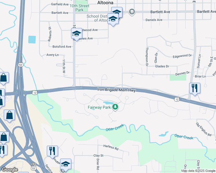 map of restaurants, bars, coffee shops, grocery stores, and more near 2104 North Hillcrest Parkway in Altoona