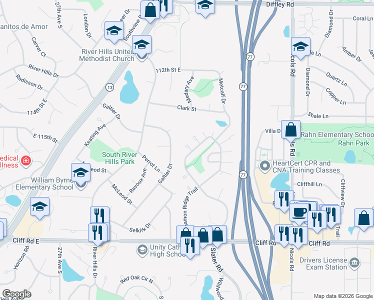 map of restaurants, bars, coffee shops, grocery stores, and more near 4455 Slater Road in Eagan