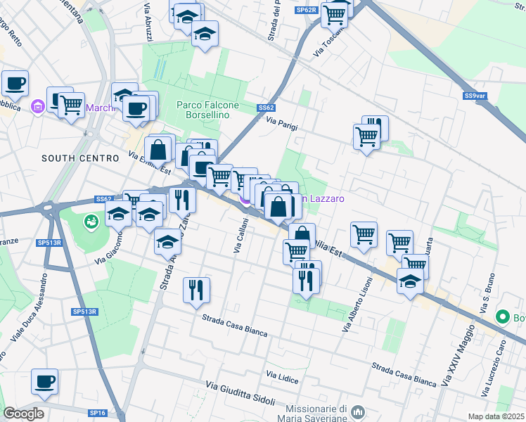 map of restaurants, bars, coffee shops, grocery stores, and more near 1 Via Clemente Bondi in Parma