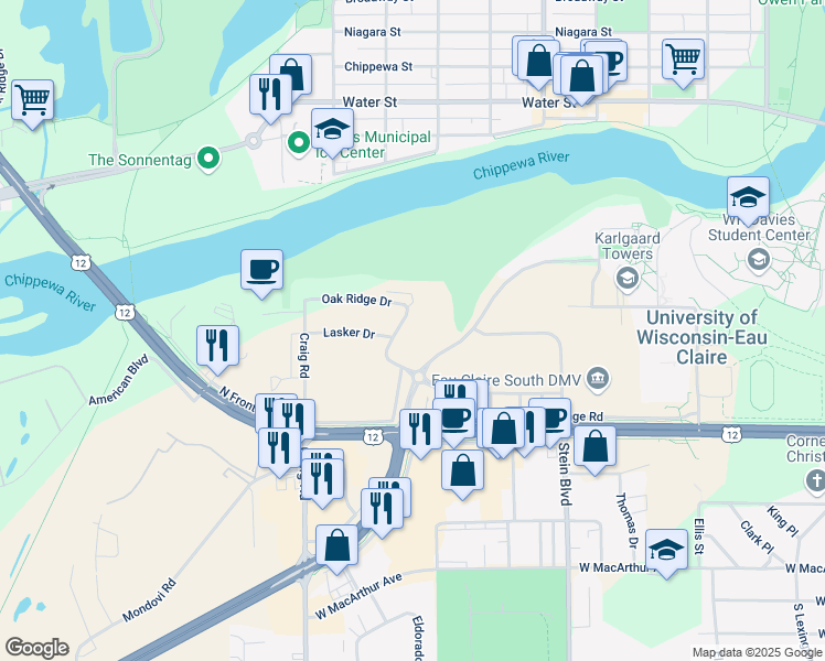 map of restaurants, bars, coffee shops, grocery stores, and more near 2125 Heights Drive in Eau Claire