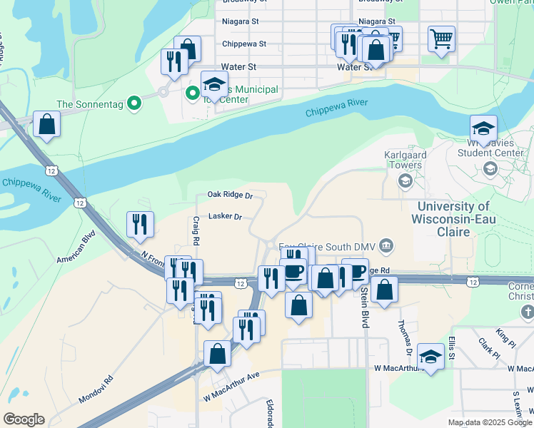map of restaurants, bars, coffee shops, grocery stores, and more near 2125 Heights Dr in Eau Claire