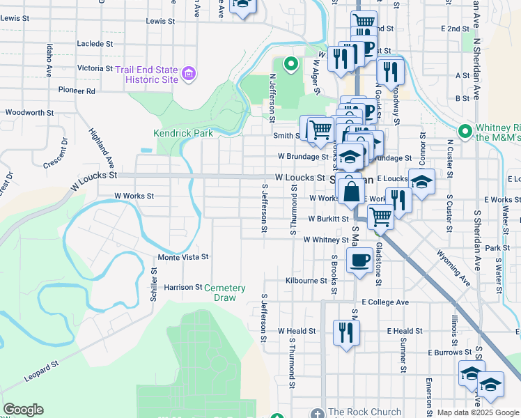 map of restaurants, bars, coffee shops, grocery stores, and more near 132 South Jefferson Street in Sheridan