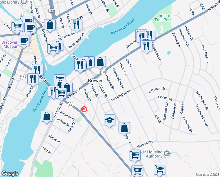 map of restaurants, bars, coffee shops, grocery stores, and more near 50 State Street in Brewer