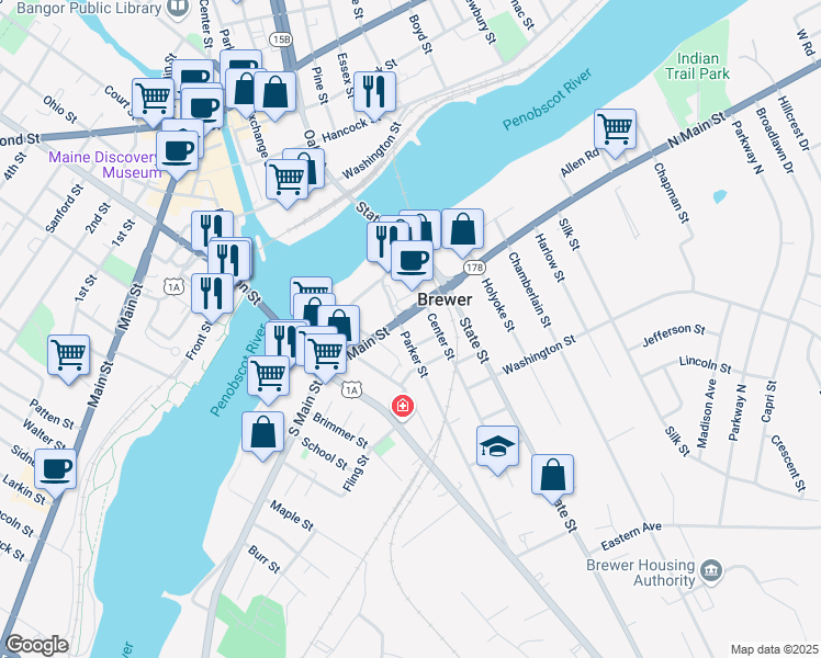 map of restaurants, bars, coffee shops, grocery stores, and more near 185 North Main Street in Brewer