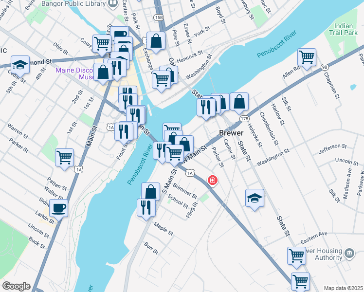 map of restaurants, bars, coffee shops, grocery stores, and more near 1 Union Street in Brewer