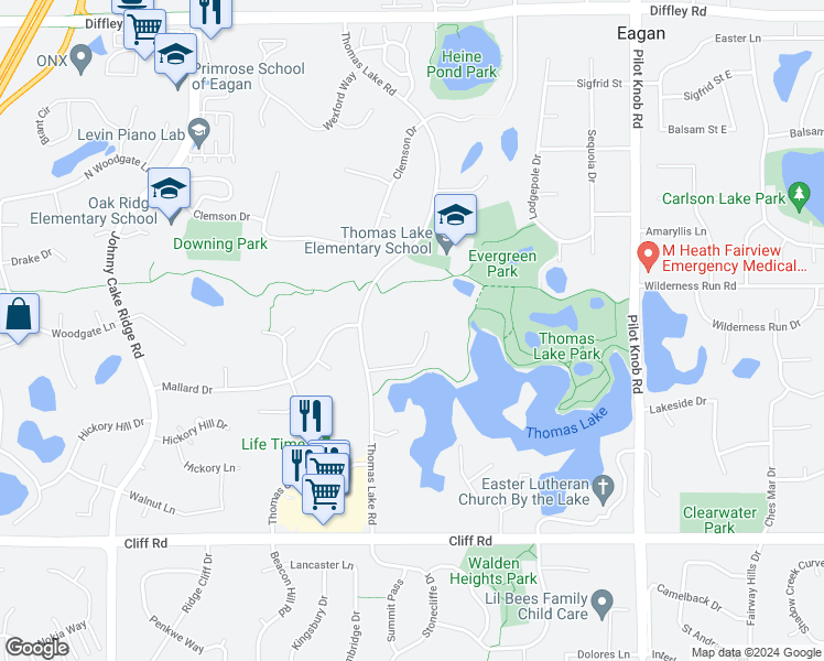 map of restaurants, bars, coffee shops, grocery stores, and more near 1540 Thomas Lake Pointe Road in Eagan