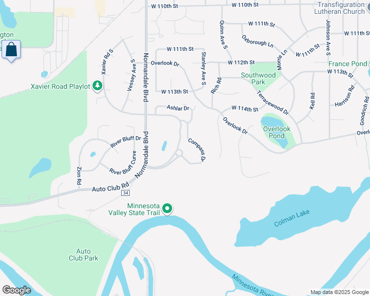 map of restaurants, bars, coffee shops, grocery stores, and more near 11400 Stanley Ave S in Bloomington