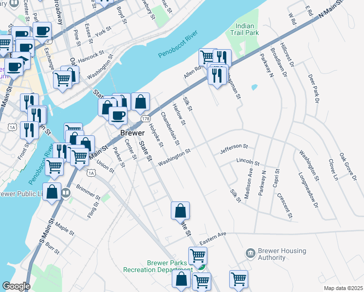 map of restaurants, bars, coffee shops, grocery stores, and more near 66 Chamberlain Street in Brewer