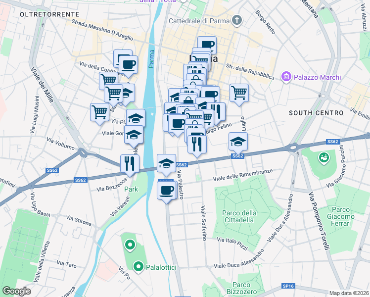 map of restaurants, bars, coffee shops, grocery stores, and more near 4 Via Camillo Rondani in Parma