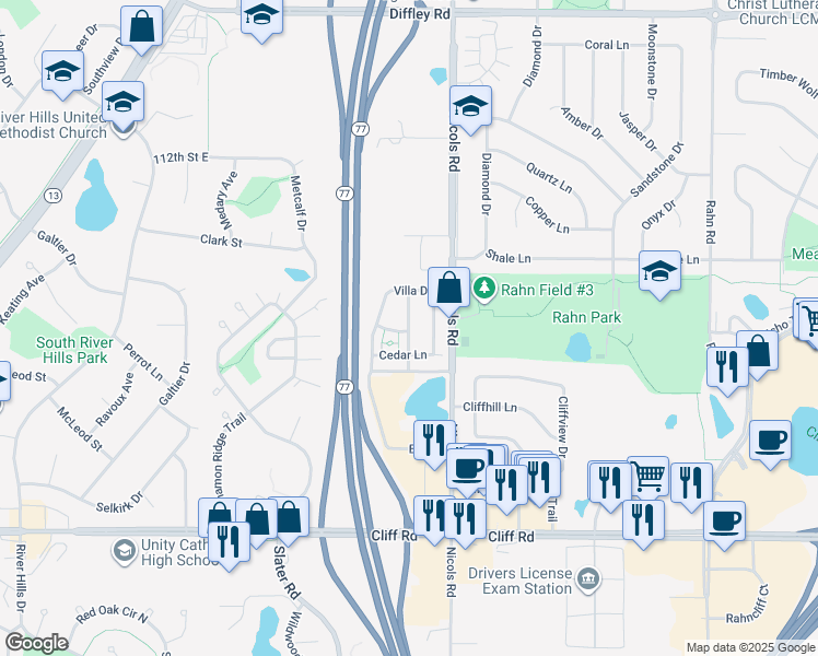 map of restaurants, bars, coffee shops, grocery stores, and more near 4538 Villa Parkway in Eagan