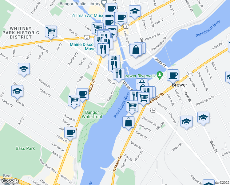 map of restaurants, bars, coffee shops, grocery stores, and more near 88 Front Street in Bangor