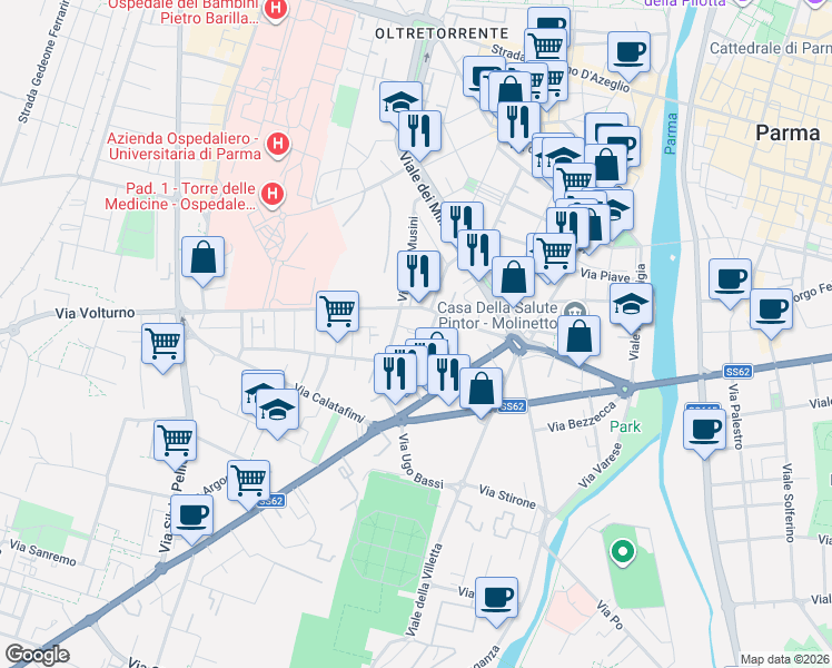 map of restaurants, bars, coffee shops, grocery stores, and more near 1 Via Rosolino Pilo in Parma