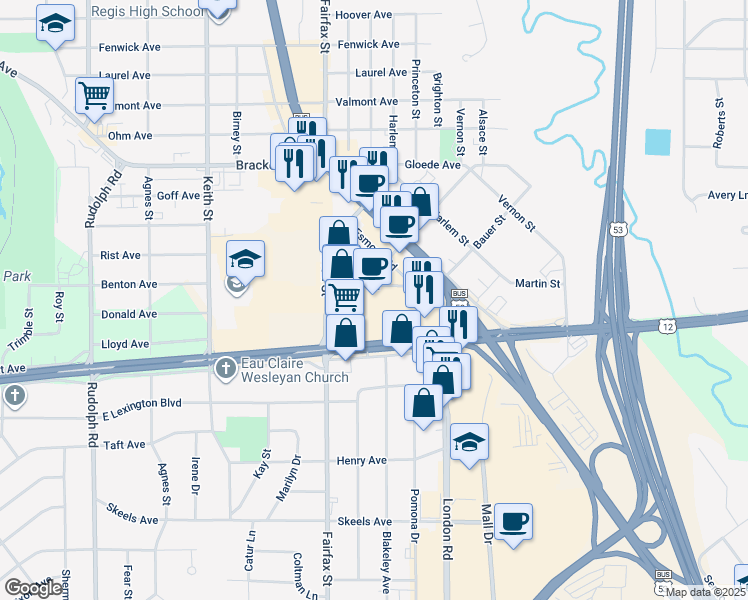 map of restaurants, bars, coffee shops, grocery stores, and more near 2424 East Clairemont Avenue in Eau Claire