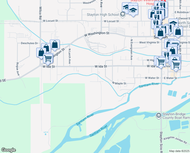 map of restaurants, bars, coffee shops, grocery stores, and more near 150 North Holly Avenue in Stayton