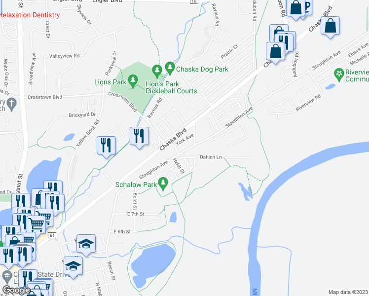 map of restaurants, bars, coffee shops, grocery stores, and more near 1015 Stoughton Avenue in Chaska