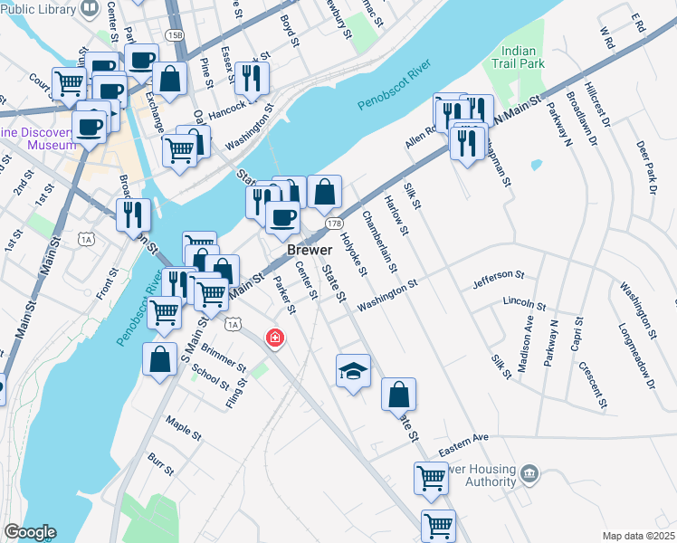 map of restaurants, bars, coffee shops, grocery stores, and more near 50 State Street in Brewer