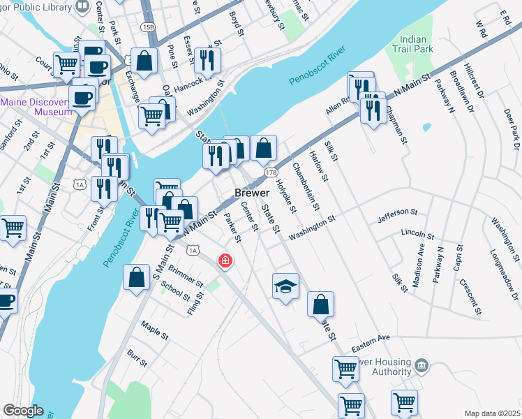 map of restaurants, bars, coffee shops, grocery stores, and more near in Brewer