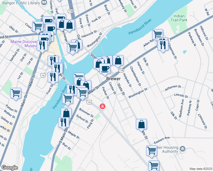 map of restaurants, bars, coffee shops, grocery stores, and more near 185 North Main Street in Brewer