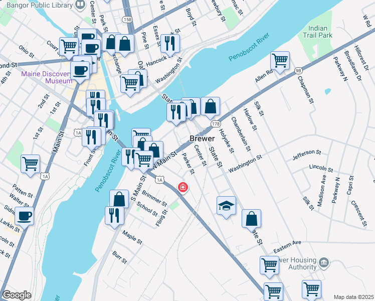 map of restaurants, bars, coffee shops, grocery stores, and more near 185 North Main Street in Brewer