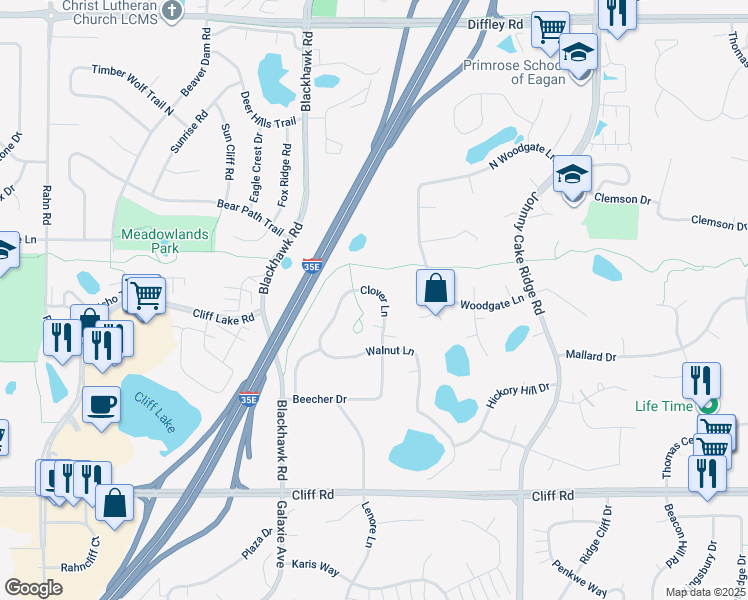 map of restaurants, bars, coffee shops, grocery stores, and more near 4428 Clover Lane in Eagan