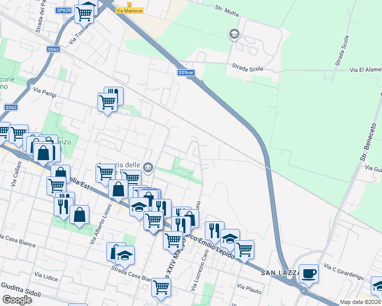 map of restaurants, bars, coffee shops, grocery stores, and more near 7 Via Passo delle Guadine in Parma
