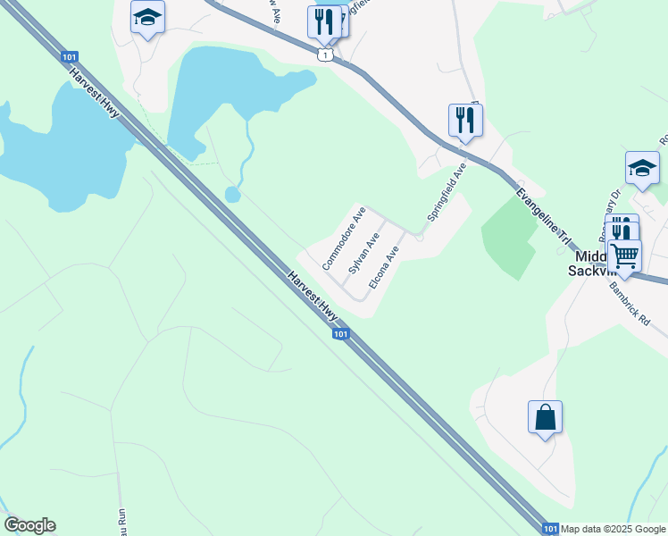map of restaurants, bars, coffee shops, grocery stores, and more near 25 Champlain Avenue in Middle Sackville