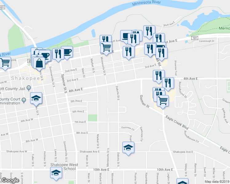 map of restaurants, bars, coffee shops, grocery stores, and more near 438 Dakota Street South in Shakopee