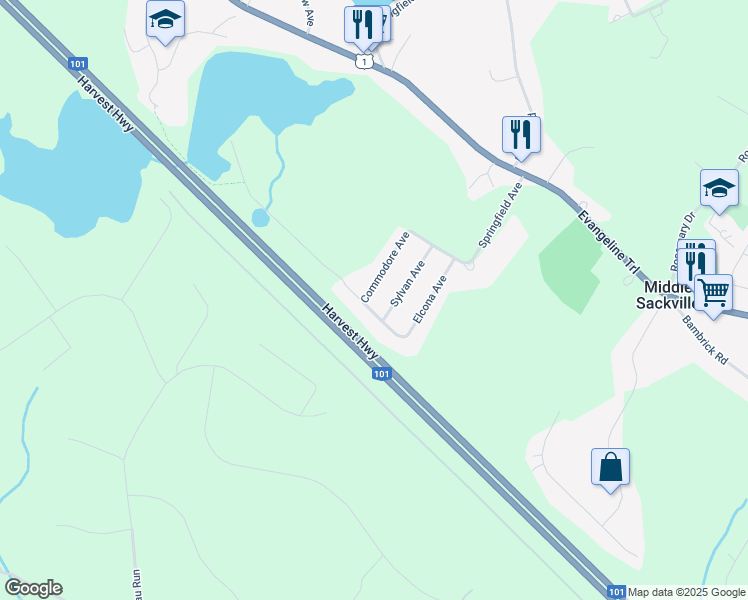 map of restaurants, bars, coffee shops, grocery stores, and more near 25 Champlain Avenue in Middle Sackville