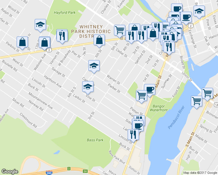 map of restaurants, bars, coffee shops, grocery stores, and more near 151 3rd Street in Bangor