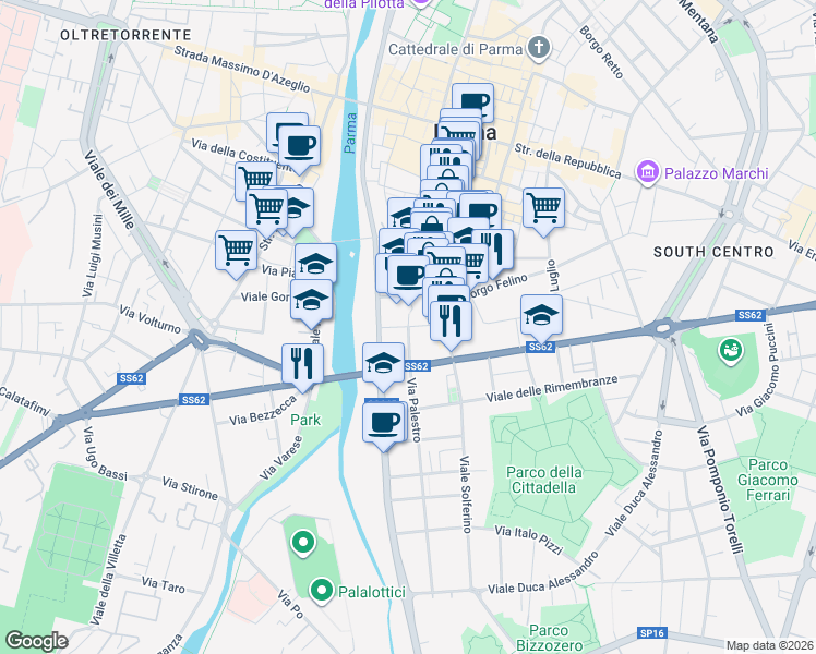 map of restaurants, bars, coffee shops, grocery stores, and more near 4-6 Via Camillo Rondani in Parma