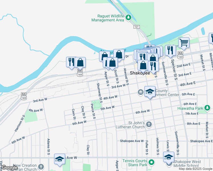map of restaurants, bars, coffee shops, grocery stores, and more near 513 3rd Avenue West in Shakopee