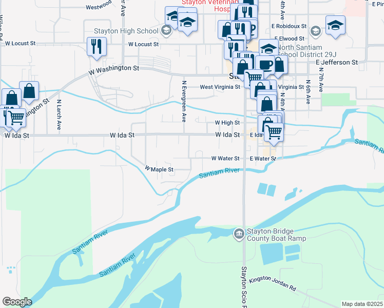 map of restaurants, bars, coffee shops, grocery stores, and more near 120 North Evergreen Avenue in Stayton