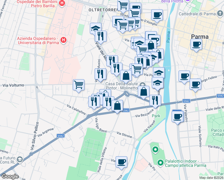 map of restaurants, bars, coffee shops, grocery stores, and more near 8 Via Volturno in Parma