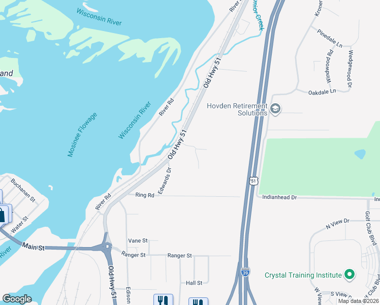 map of restaurants, bars, coffee shops, grocery stores, and more near 619 Bielen Road in Mosinee