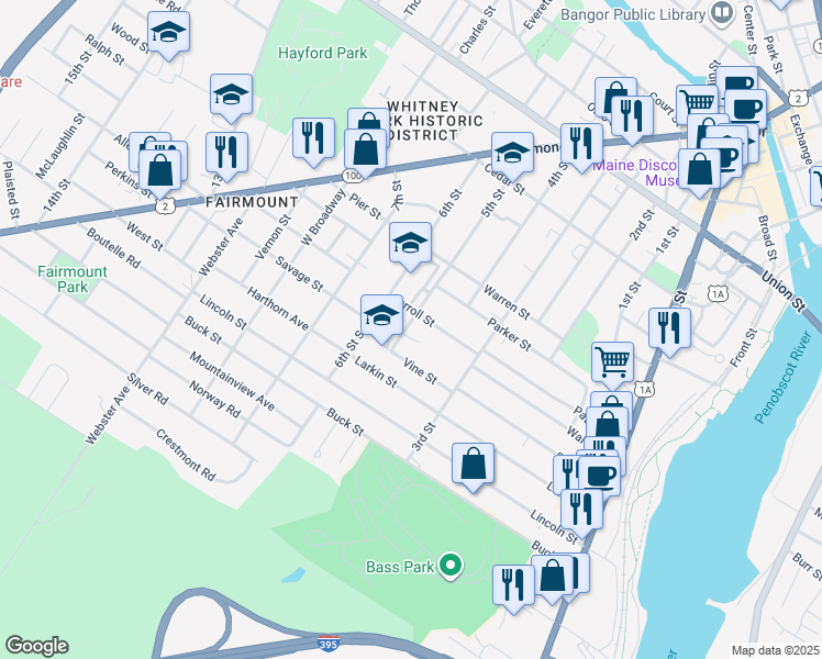 map of restaurants, bars, coffee shops, grocery stores, and more near 170 5th Street in Bangor